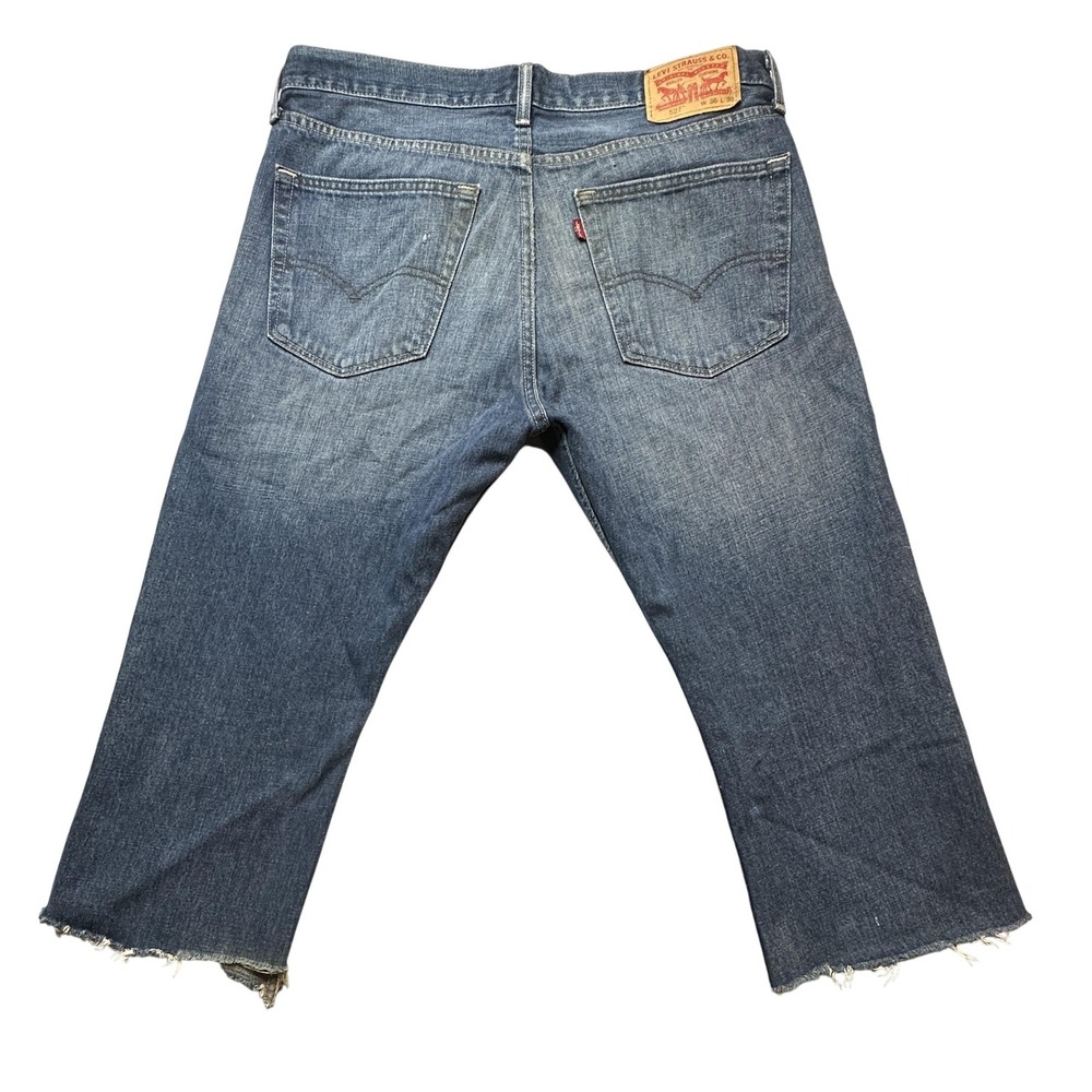 Levis 527 Jeans Mens 36x22 Blue Bootcut Distressed Cut Off Frayed Hem Denim